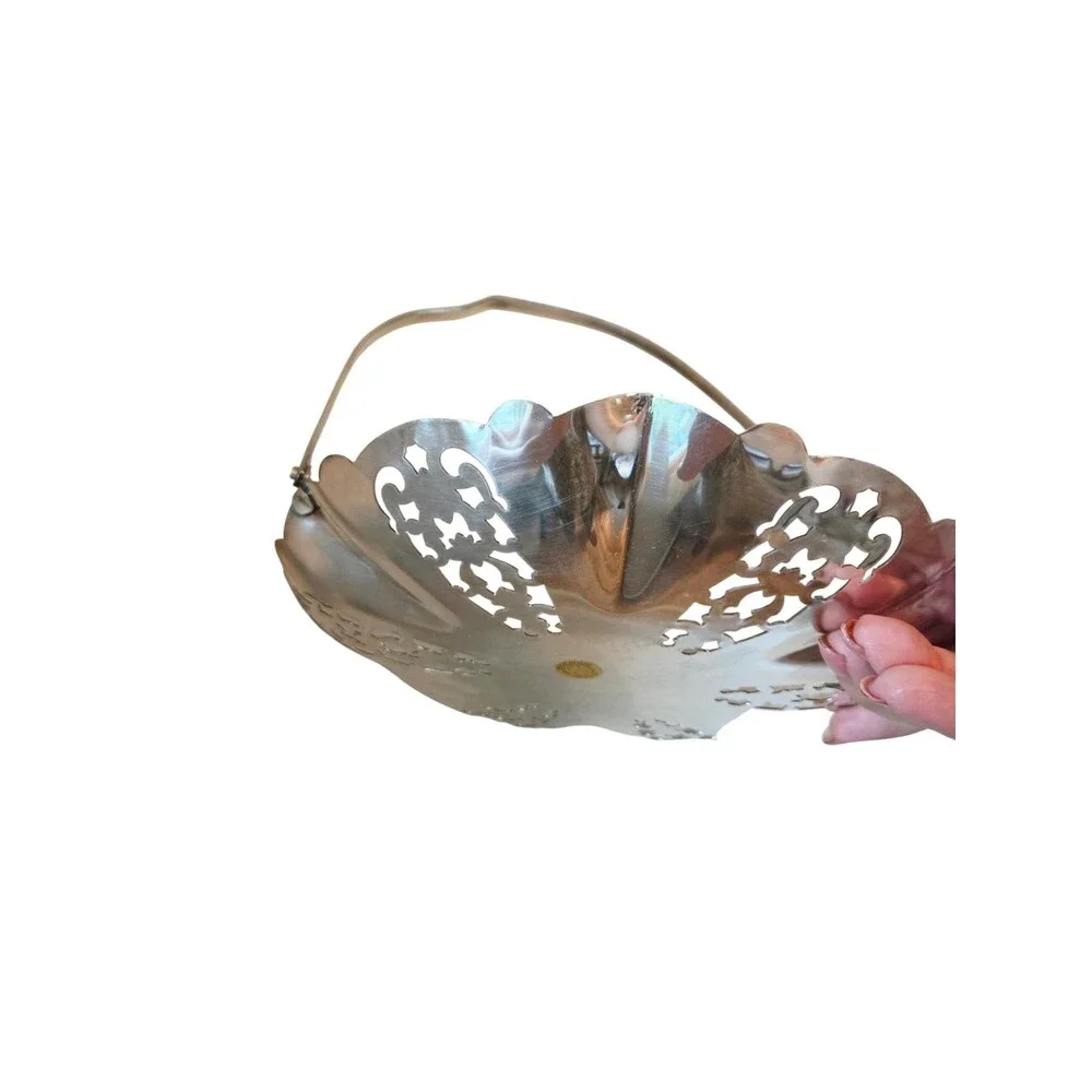 Vintage Swedish Silver Plated Pierced Basket with Swing Handle